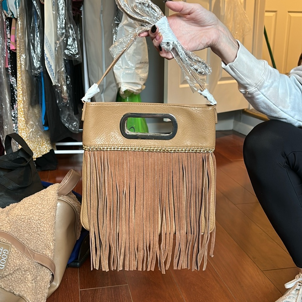 Justfab tan with fringe crossbody bag